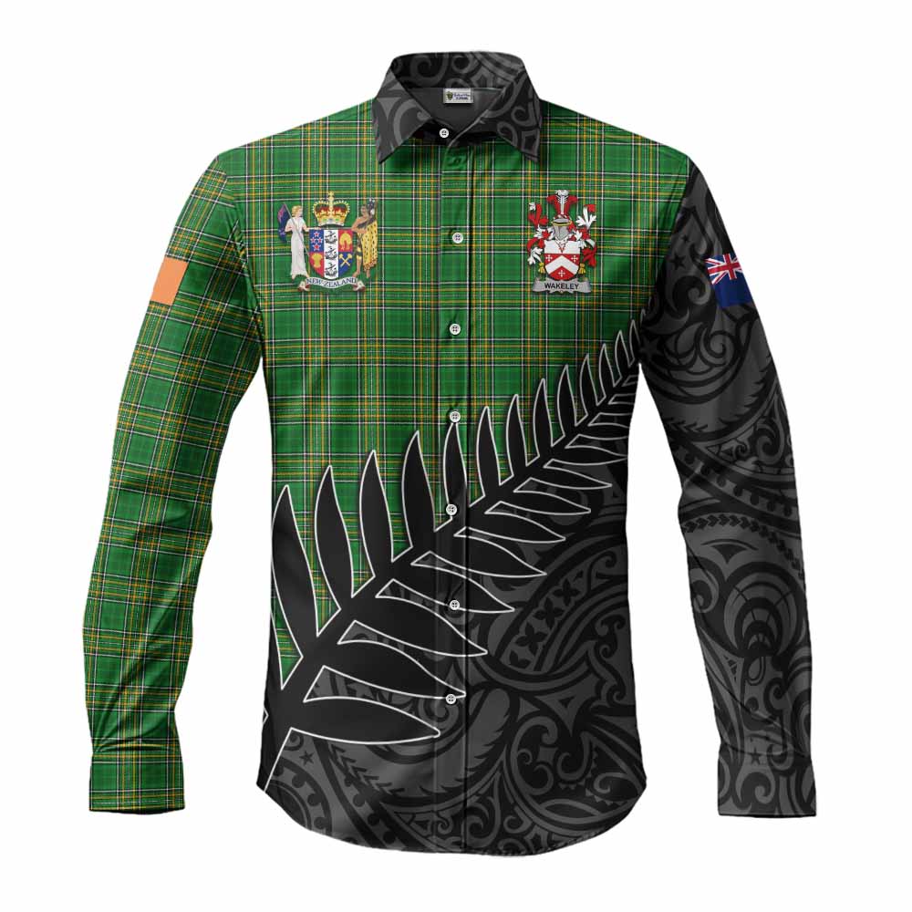 Tartan Vibes Clothing Wakeley Irish Clan Tartan Long Sleeve Button Shirt with Coat of Arms New Zealand Silver Fern Half Style