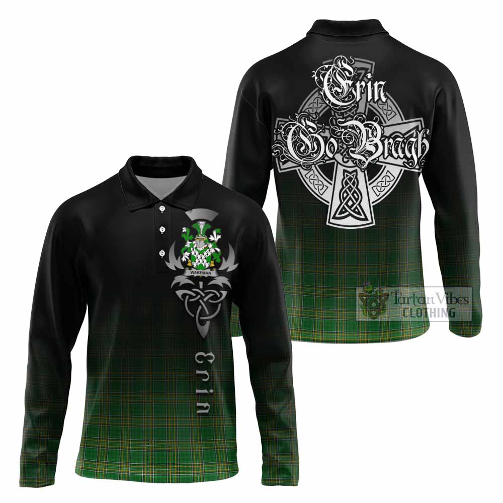 Tartan Vibes Clothing Wakeman Irish Clan Long Sleeve Polo Shirt with Coat of Arms Erin Go Bragh Celtic Inspired