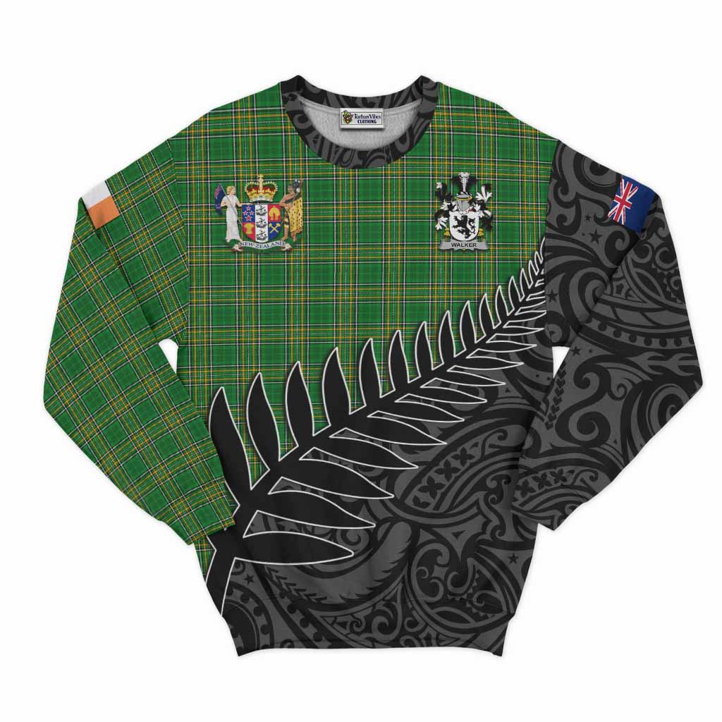 Tartan Vibes Clothing Walker Irish Clan Tartan Sweatshirt with Coat of Arms New Zealand Silver Fern Half Style