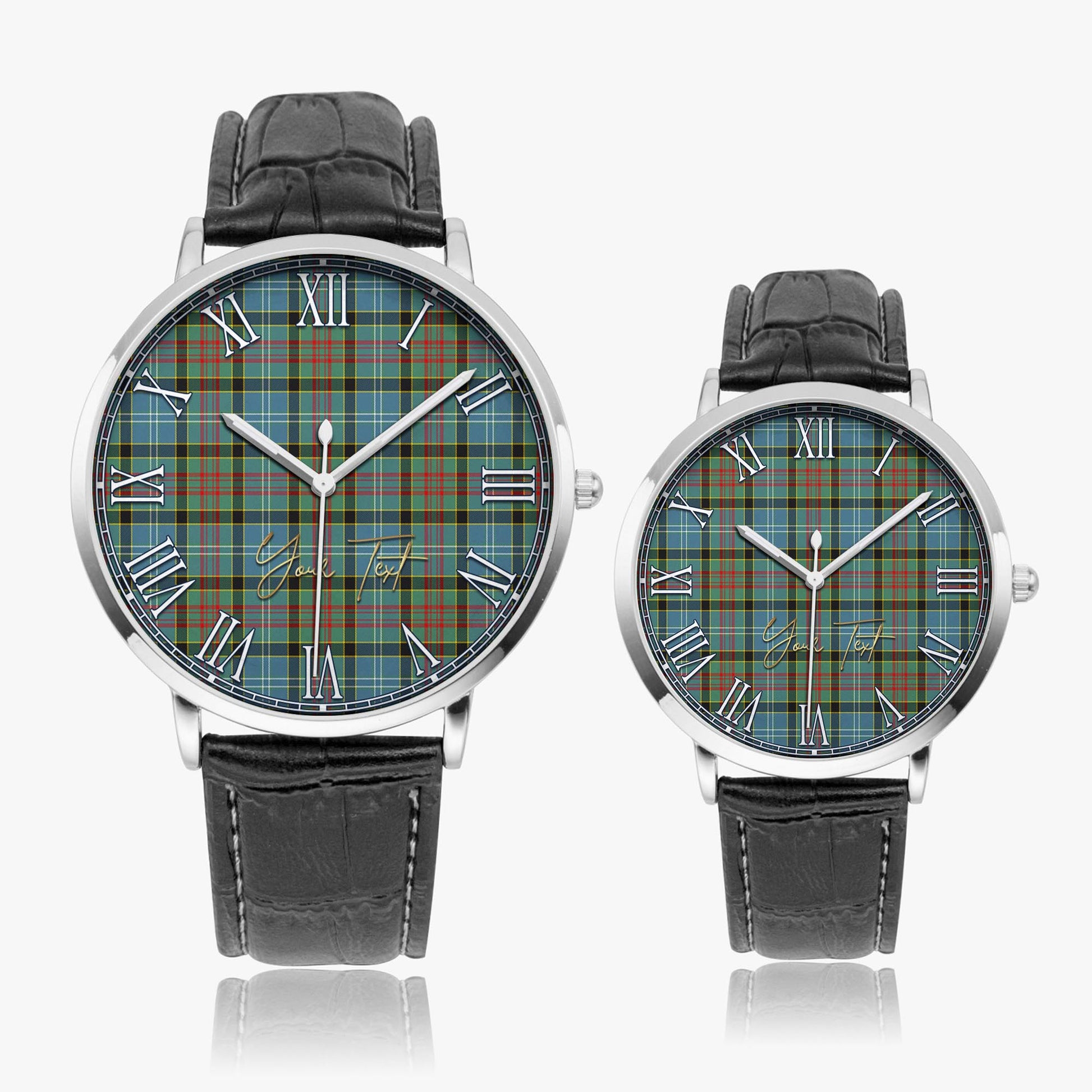 Walkinshaw Tartan Personalized Your Text Leather Trap Quartz Watch Ultra Thin Silver Case With Black Leather Strap - Tartanvibesclothing Shop