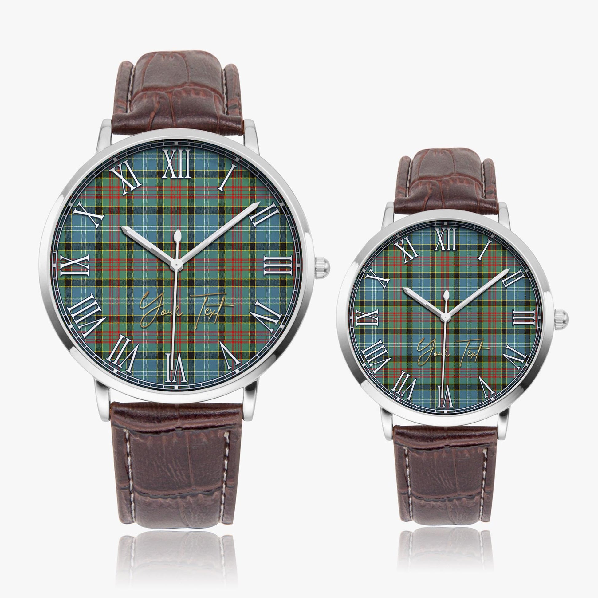 Walkinshaw Tartan Personalized Your Text Leather Trap Quartz Watch Ultra Thin Silver Case With Brown Leather Strap - Tartanvibesclothing Shop