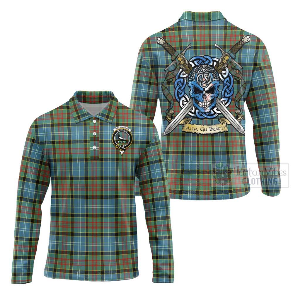 Walkinshaw Tartan Long Sleeve Polo Shirt with Family Crest Celtic Skull Style Unisex - Tartan Vibes Clothing