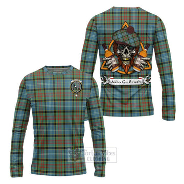 Walkinshaw Tartan Long Sleeve T-Shirt with Family Crest and Bearded Skull Holding Bottles of Whiskey Unisex - Tartan Vibes Clothing