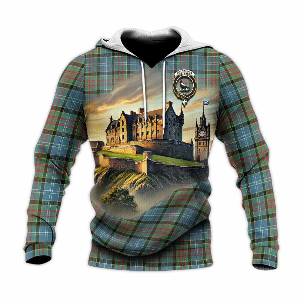 Walkinshaw Tartan Family Crest Knitted Hoodie with Scottish Ancient Castle Style Unisex Knitted Pullover Hoodie - Tartan Vibes Clothing