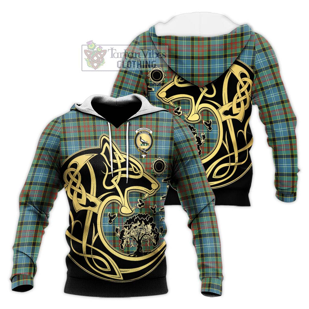 Walkinshaw Tartan Knitted Hoodie with Family Crest Celtic Wolf Style Unisex Knitted Pullover Hoodie - Tartan Vibes Clothing