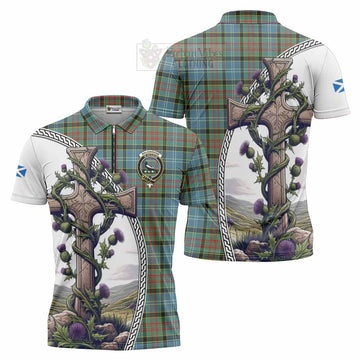Walkinshaw Tartan Zipper Polo Shirt with Family Crest and St. Andrew's Cross Accented by Thistle Vines Unisex - Tartan Vibes Clothing