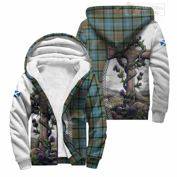 Walkinshaw Tartan Sherpa Hoodie with Family Crest and St. Andrew's Cross Accented by Thistle Vines Unisex S - Tartan Vibes Clothing