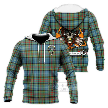 Walkinshaw Tartan Knitted Hoodie with Family Crest and Bearded Skull Holding Bottles of Whiskey Unisex Knitted Pullover Hoodie - Tartan Vibes Clothing