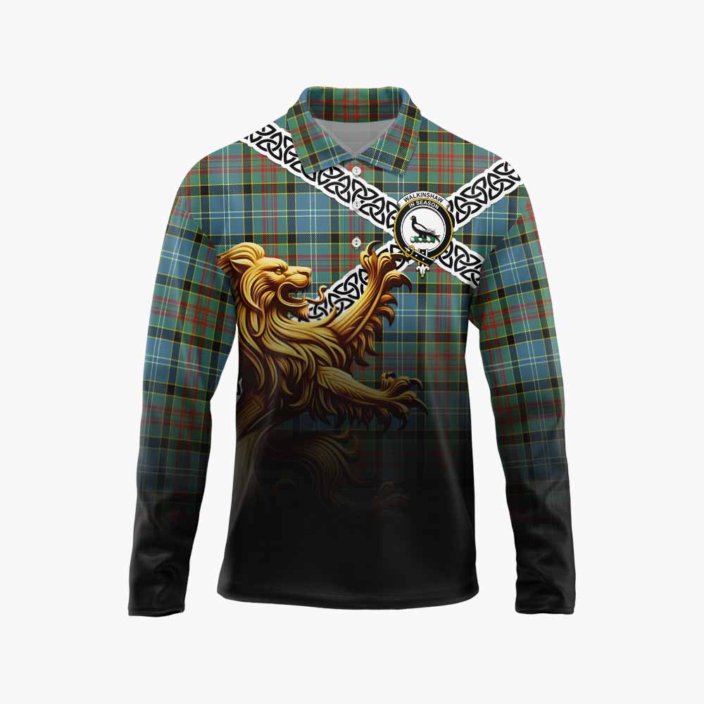 Walkinshaw Crest Tartan Long Sleeve Polo Shirt with Golden Lion Emblem Celtic Style Unisex - Tartan Vibes Clothing