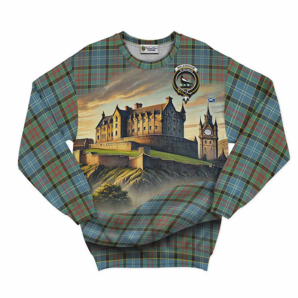 Walkinshaw Tartan Family Crest Sweatshirt with Scottish Ancient Castle Style Unisex - Tartan Vibes Clothing
