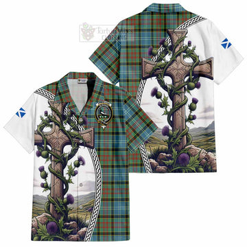 Walkinshaw Tartan Hawaiian Shirt with Family Crest and St. Andrew's Cross Accented by Thistle Vines Kid - Tartan Vibes Clothing