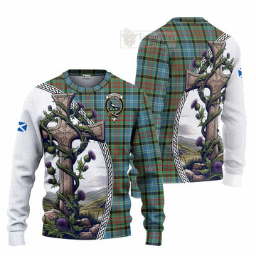 Walkinshaw Tartan Knitted Sweater with Family Crest and St. Andrew's Cross Accented by Thistle Vines Unisex - Tartan Vibes Clothing