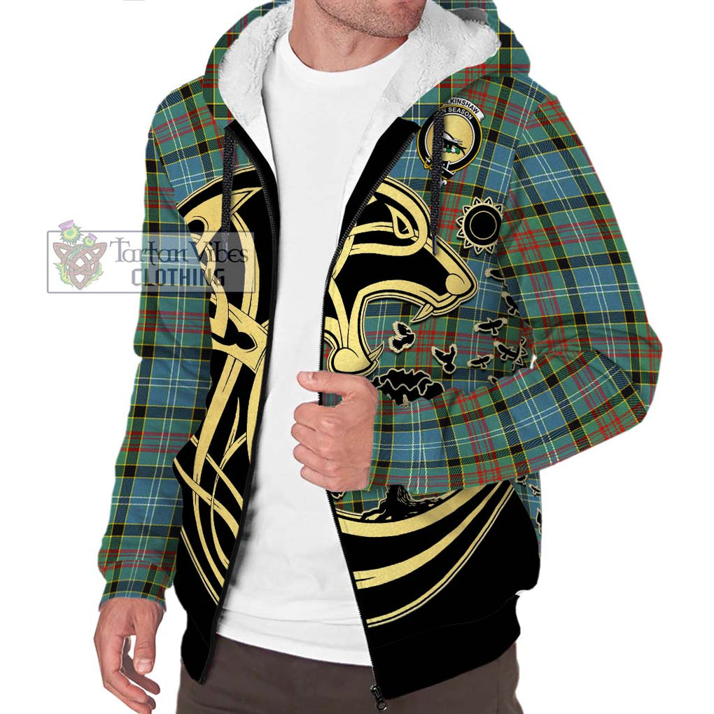 Walkinshaw Tartan Sherpa Hoodie with Family Crest Celtic Wolf Style Unisex S - Tartan Vibes Clothing