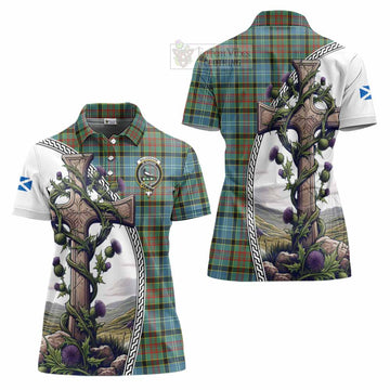 Walkinshaw Tartan Women's Polo Shirt with Family Crest and St. Andrew's Cross Accented by Thistle Vines Women - Tartan Vibes Clothing