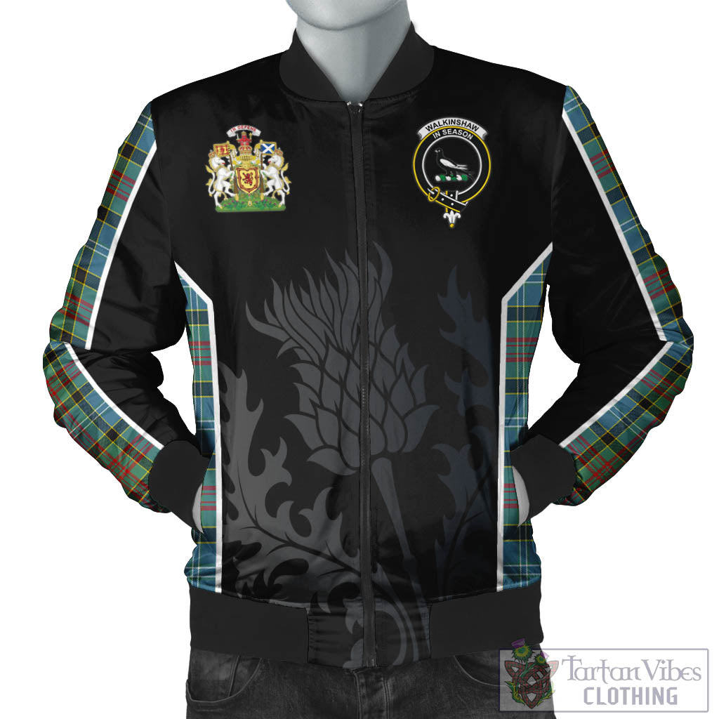 Walkinshaw Tartan Bomber Jacket with Family Crest and Scottish Thistle Vibes Sport Style Unisex Black - Tartan Vibes Clothing