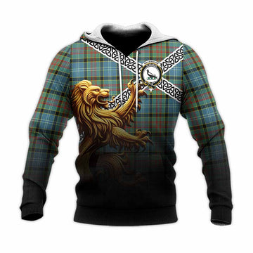 Walkinshaw Crest Tartan Knitted Hoodie with Golden Lion Emblem Celtic Style Unisex Knitted Pullover Hoodie - Tartan Vibes Clothing