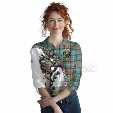 Walkinshaw Tartan Women's Casual Shirt with Family Crest and St. Andrew's Cross Accented by Thistle Vines Female - Tartan Vibes Clothing