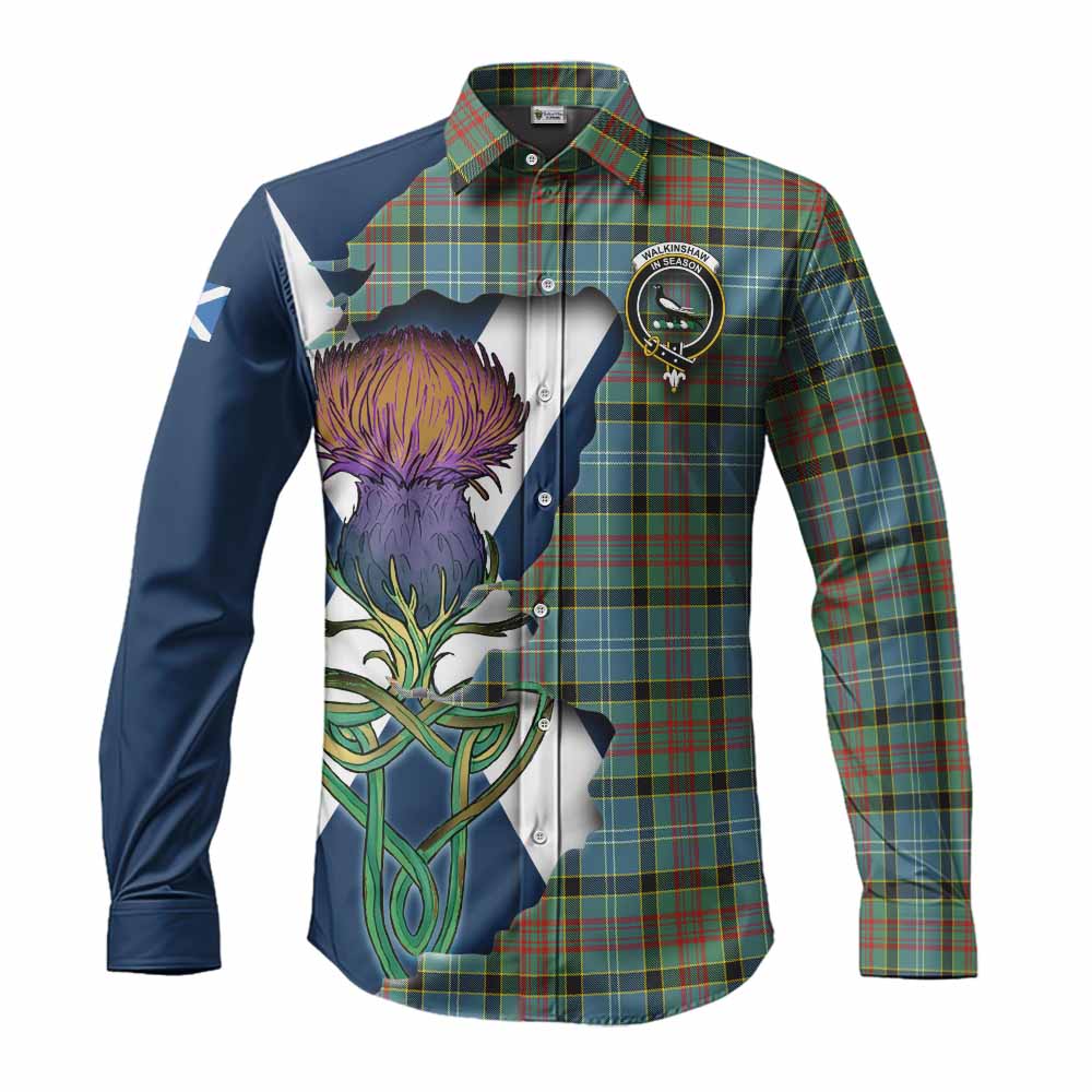 Tartan Vibes Clothing Walkinshaw Tartan Family Crest Long Sleeve Button Shirt Scottish Thistle Celtic Inspired