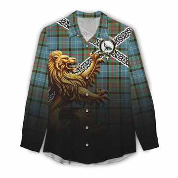 Walkinshaw Crest Tartan Women's Casual Shirt with Golden Lion Emblem Celtic Style Female - Tartan Vibes Clothing