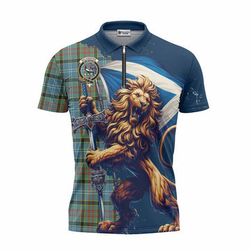 Walkinshaw Tartan Family Crest Zipper Polo Shirt with Scottish Majestic Lion Unisex - Tartan Vibes Clothing