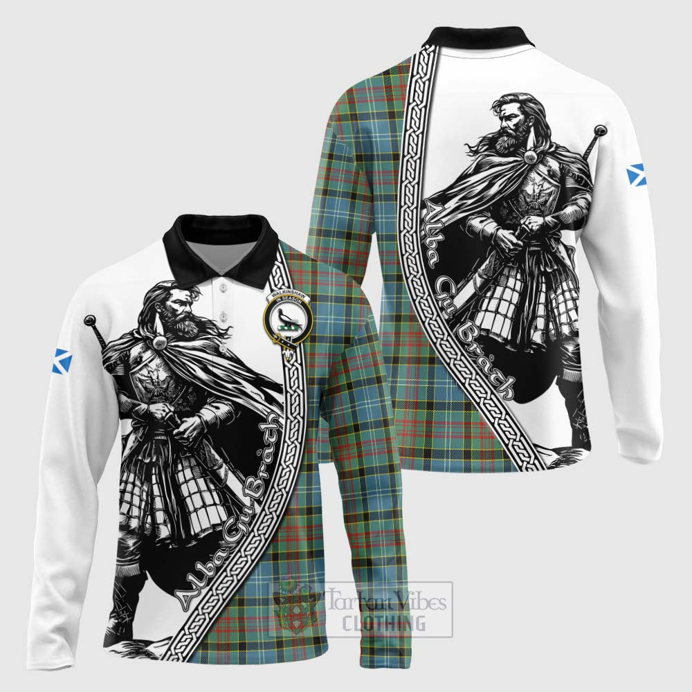 Walkinshaw Tartan Clan Crest Long Sleeve Polo Shirt with Highlander Warrior Celtic Style Unisex - Tartan Vibes Clothing