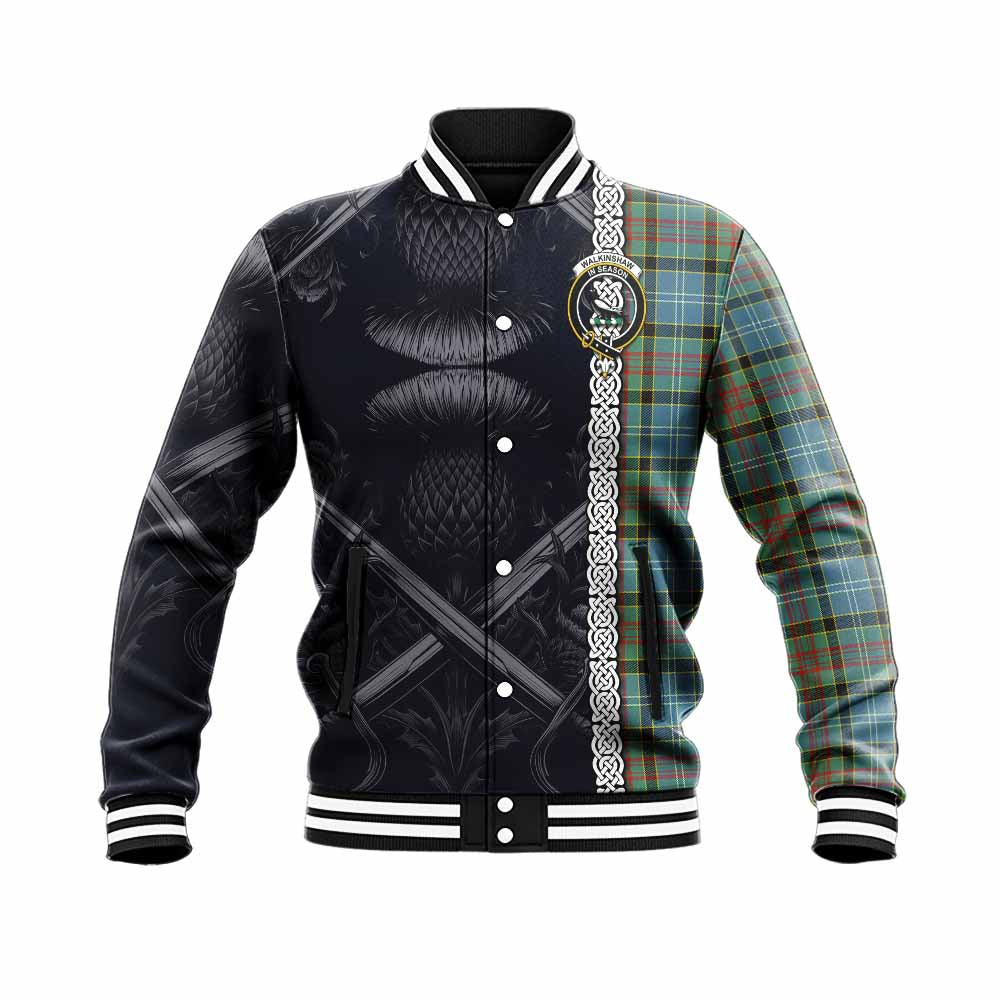Walkinshaw Tartan Baseball Jacket with Family Crest Cross Sword Thistle Celtic Vibes Unisex - Tartan Vibes Clothing