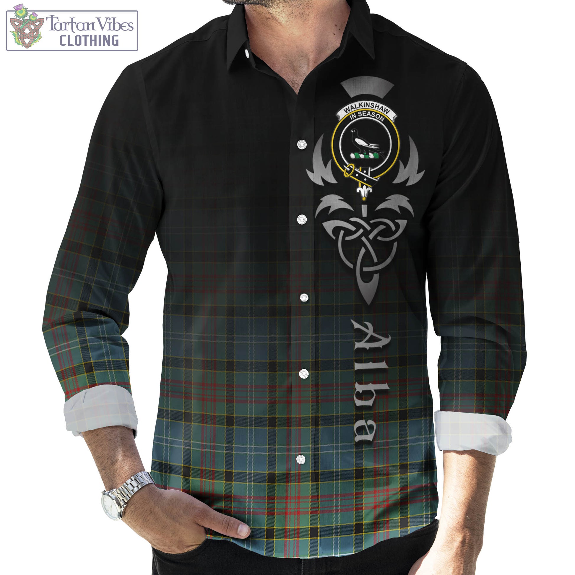 Walkinshaw Tartan Long Sleeve Button Up Featuring Alba Gu Brath Family Crest Celtic Inspired Men's Shirt - Tartan Vibes Clothing
