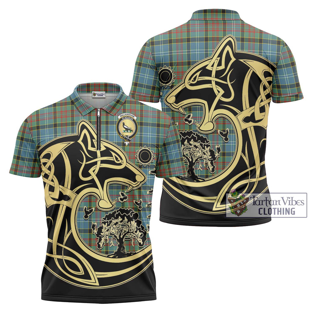 Walkinshaw Tartan Zipper Polo Shirt with Family Crest Celtic Wolf Style Unisex - Tartan Vibes Clothing