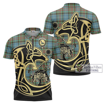 Walkinshaw Tartan Zipper Polo Shirt with Family Crest Celtic Wolf Style Unisex - Tartan Vibes Clothing