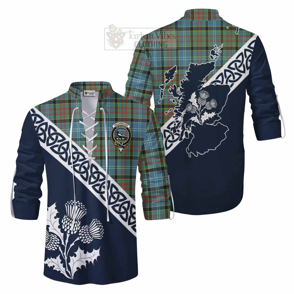 Walkinshaw Tartan Ghillie Kilt Shirt Featuring Thistle and Scotland Map Men - Tartan Vibes Clothing