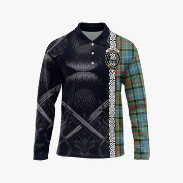 Walkinshaw Tartan Long Sleeve Polo Shirt with Family Crest Cross Sword Thistle Celtic Vibes Unisex - Tartan Vibes Clothing