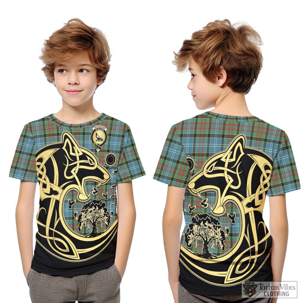 Walkinshaw Tartan Kid T-Shirt with Family Crest Celtic Wolf Style Youth XL Size14 - Tartan Vibes Clothing