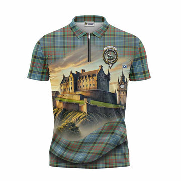 Walkinshaw Tartan Family Crest Zipper Polo Shirt with Scottish Ancient Castle Style Unisex - Tartan Vibes Clothing