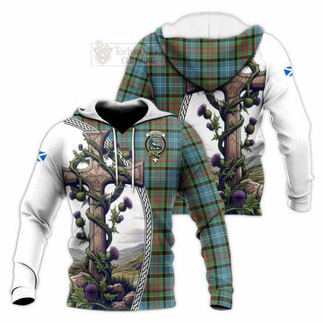 Walkinshaw Tartan Knitted Hoodie with Family Crest and St. Andrew's Cross Accented by Thistle Vines Unisex Knitted Pullover Hoodie - Tartan Vibes Clothing