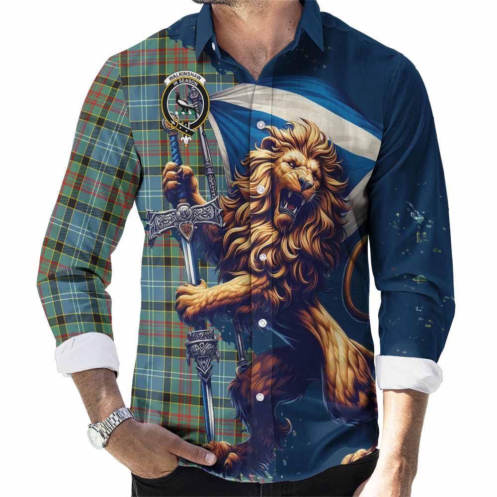 Walkinshaw Tartan Family Crest Long Sleeve Button Shirt with Scottish Majestic Lion Men's Shirt S - Tartan Vibes Clothing