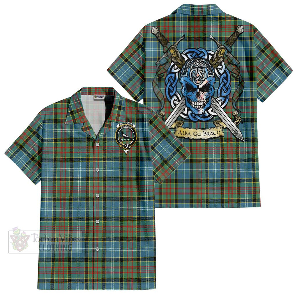 Tartan Vibes Clothing Walkinshaw Tartan Short Sleeve Button Shirt with Family Crest Celtic Skull Style