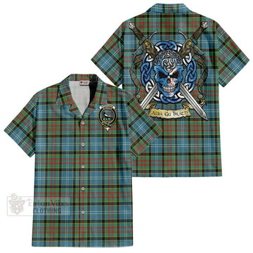 Tartan Vibes Clothing Walkinshaw Tartan Short Sleeve Button Shirt with Family Crest Celtic Skull Style