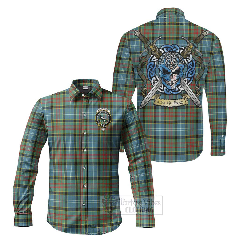 Walkinshaw Tartan Long Sleeve Button Shirt with Family Crest Celtic Skull Style Men's Shirt S - Tartan Vibes Clothing
