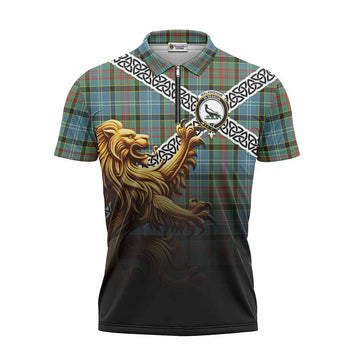Walkinshaw Crest Tartan Zipper Polo Shirt with Golden Lion Emblem Celtic Style Unisex - Tartan Vibes Clothing