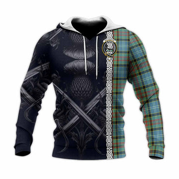 Walkinshaw Tartan Knitted Hoodie with Family Crest Cross Sword Thistle Celtic Vibes Unisex Knitted Pullover Hoodie - Tartan Vibes Clothing