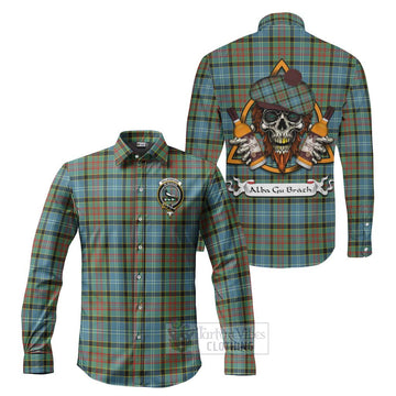 Walkinshaw Tartan Long Sleeve Button Shirt with Family Crest and Bearded Skull Holding Bottles of Whiskey Men's Shirt S - Tartan Vibes Clothing