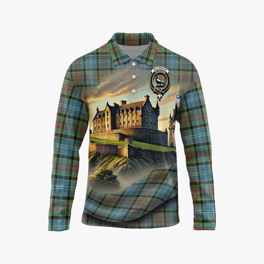 Walkinshaw Tartan Family Crest Long Sleeve Polo Shirt with Scottish Ancient Castle Style Unisex - Tartan Vibes Clothing