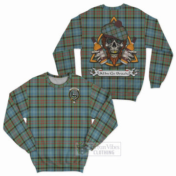 Walkinshaw Tartan Sweatshirt with Family Crest and Bearded Skull Holding Bottles of Whiskey Unisex - Tartan Vibes Clothing