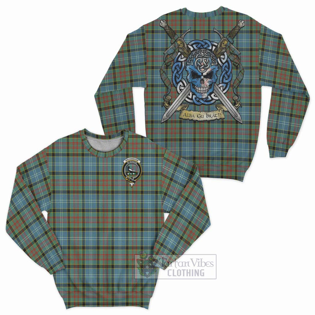 Walkinshaw Tartan Sweatshirt with Family Crest Celtic Skull Style Unisex - Tartan Vibes Clothing