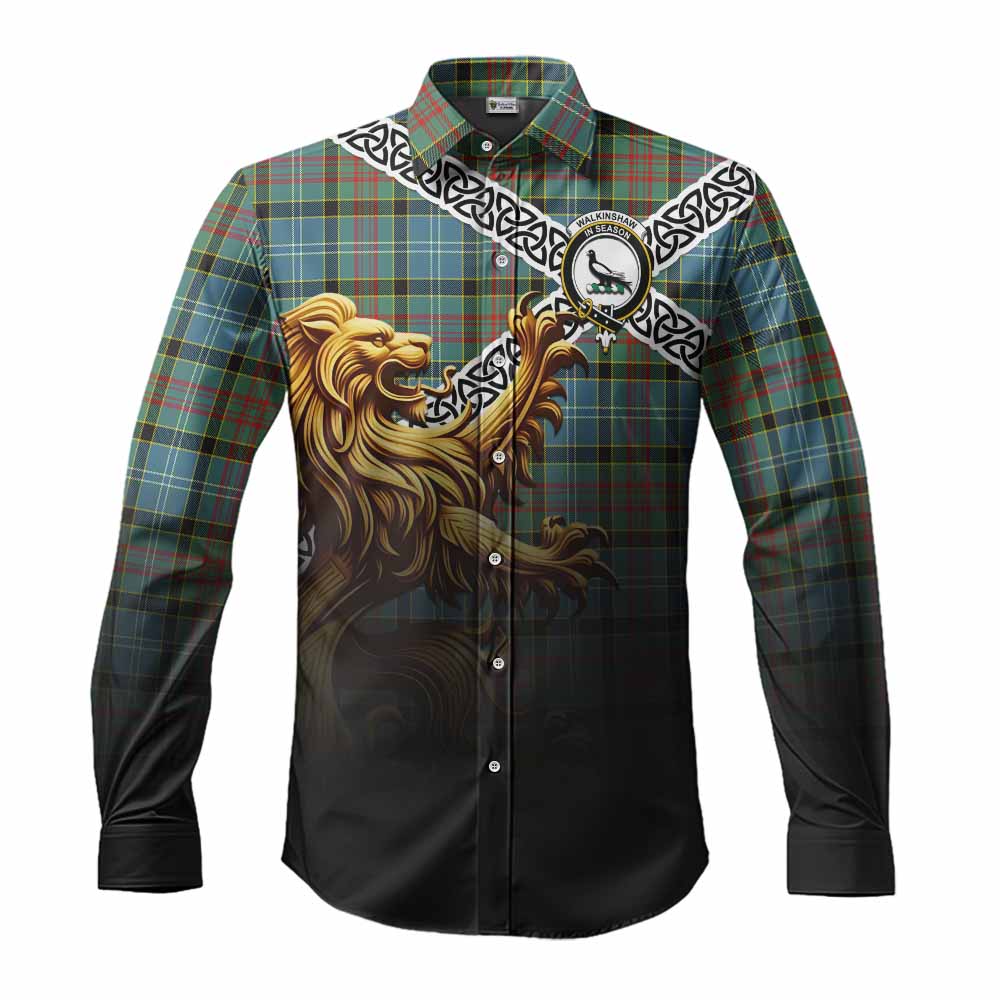 Walkinshaw Crest Tartan Long Sleeve Button Shirt with Golden Lion Emblem Celtic Style Men's Shirt S - Tartan Vibes Clothing