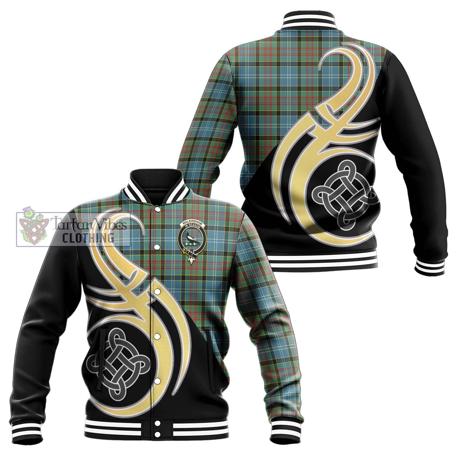 Walkinshaw Tartan Baseball Jacket with Family Crest and Celtic Symbol Style Unisex - Tartan Vibes Clothing