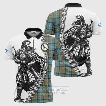 Walkinshaw Tartan Clan Crest Zipper Polo Shirt with Highlander Warrior Celtic Style Unisex - Tartan Vibes Clothing