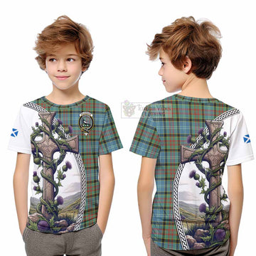 Walkinshaw Tartan Kid T-Shirt with Family Crest and St. Andrew's Cross Accented by Thistle Vines Youth XL Size14 - Tartan Vibes Clothing