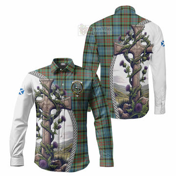 Walkinshaw Tartan Long Sleeve Button Shirt with Family Crest and St. Andrew's Cross Accented by Thistle Vines Men's Shirt S - Tartan Vibes Clothing