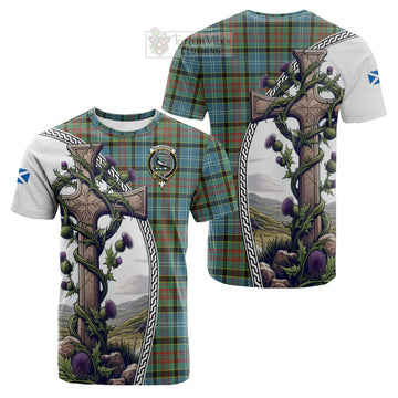 Walkinshaw Tartan Cotton T-shirt with Family Crest and St. Andrew's Cross Accented by Thistle Vines Kid's Shirt - Tartan Vibes Clothing